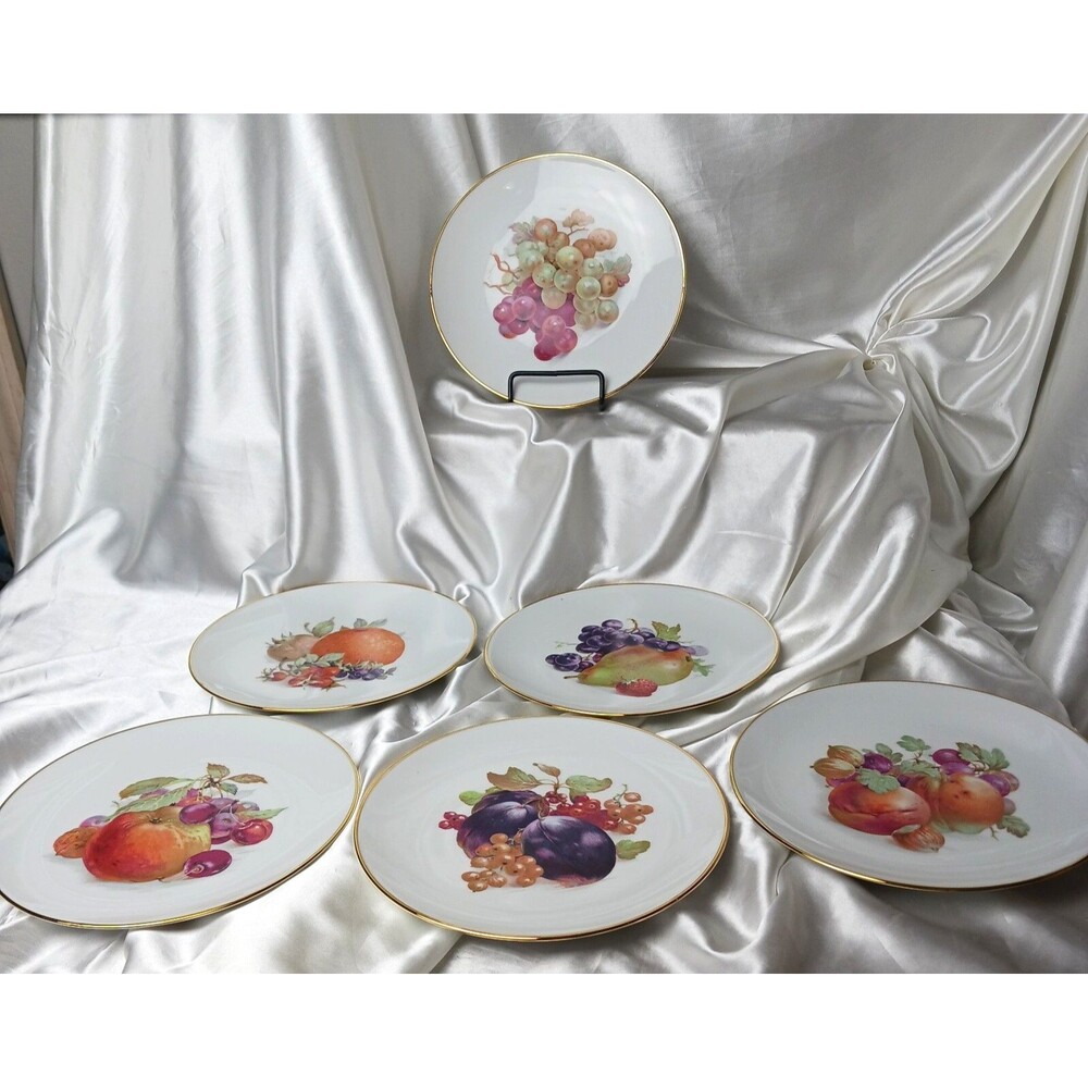 VINTAGE SCHUMANN MADE IN GERMANY FRUIT DESIGN GOLD TRIM 7 1/4'' PLATE LOT OF 6